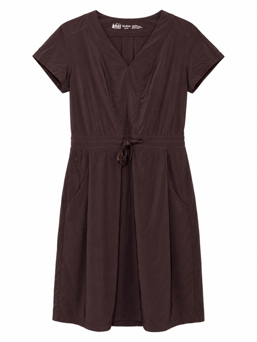 REI Co-op Women’s Brown Travel Dress Medium V-Neck Drawstring Zip Pockets